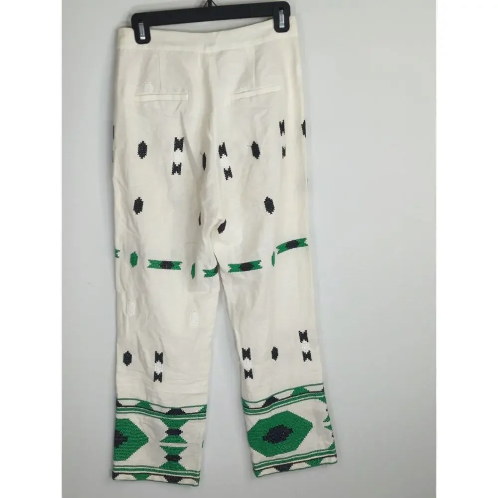 Zara‎ White & Green Geometric Embroidered Linen Pants Small Coastal Bohemian